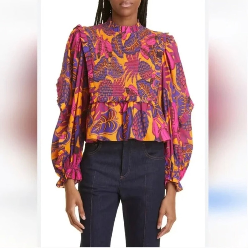 NWT FARM RIO Fruit Dream Smocked Cotton Peplum Blouse in Yellow SIZE M